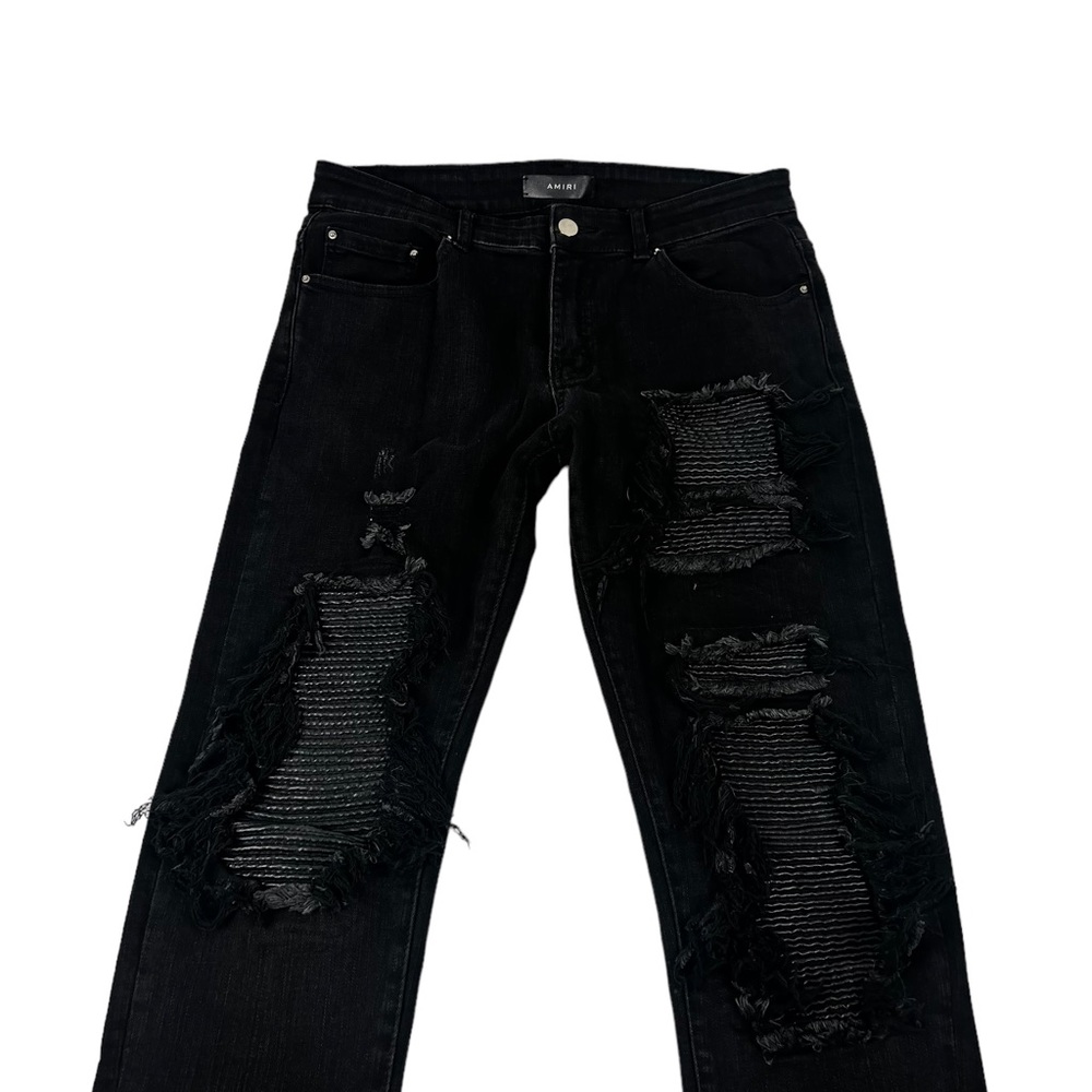 Amiri Mens 30 X 31 Jeans Leather Patch Ripped Skinny Black Cotton Blend Stretch - Picture 8 of 11